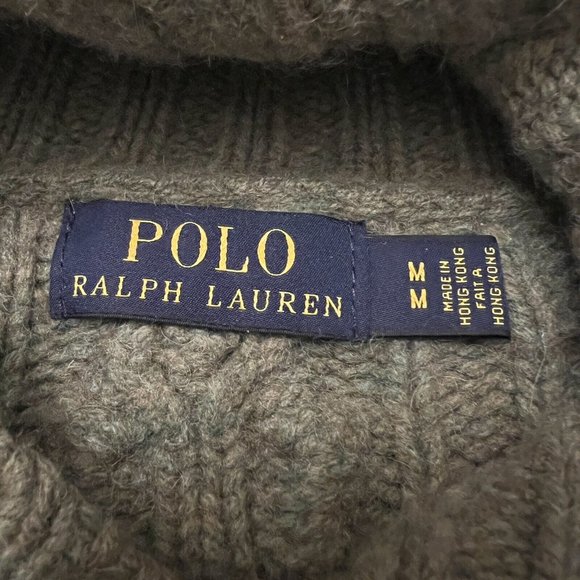 VTG Polo Ralph Lauren Shawl Collar Cable Cardigan Wool Sweater Army Green Medium - Picture 4 of 8